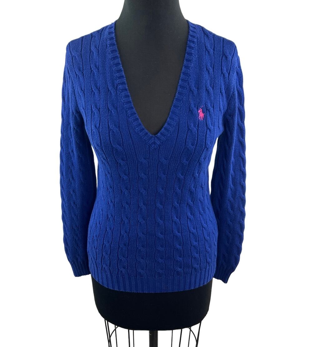 Ralph Lauren Sport Blue Sweater Cotton Cable Knit Plunge Neck Pullover Large L